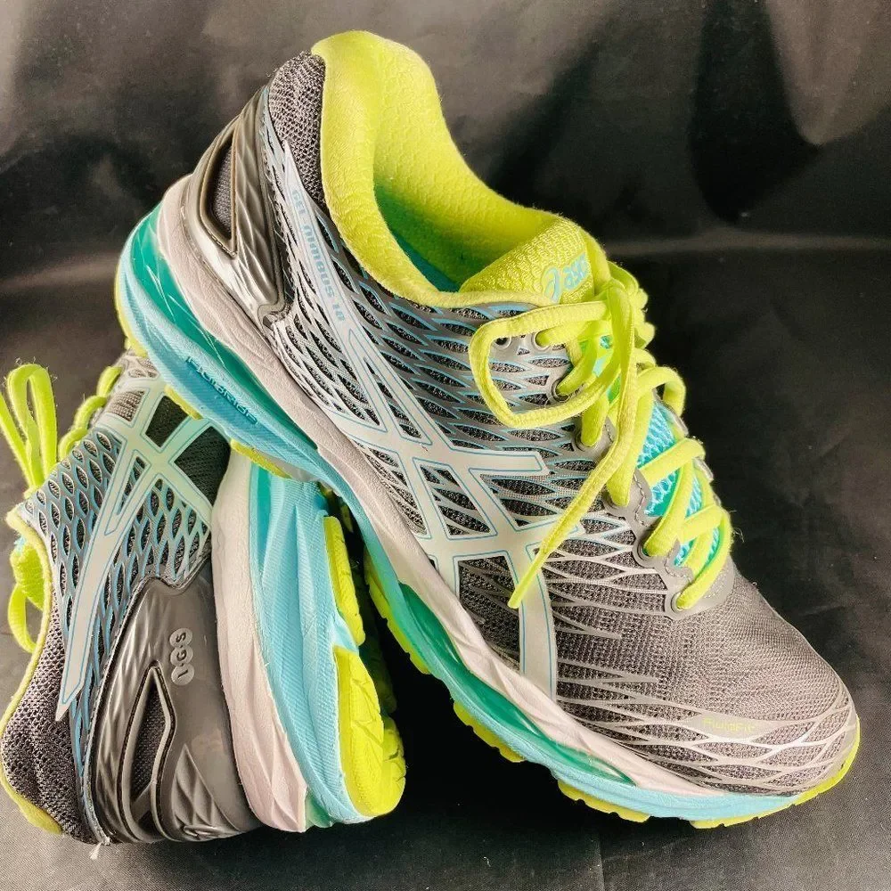 ASICS GEL-Nimbus 18 Grey Turquoise Lime Womens 8 US Medium 39.5 EUR Excellent